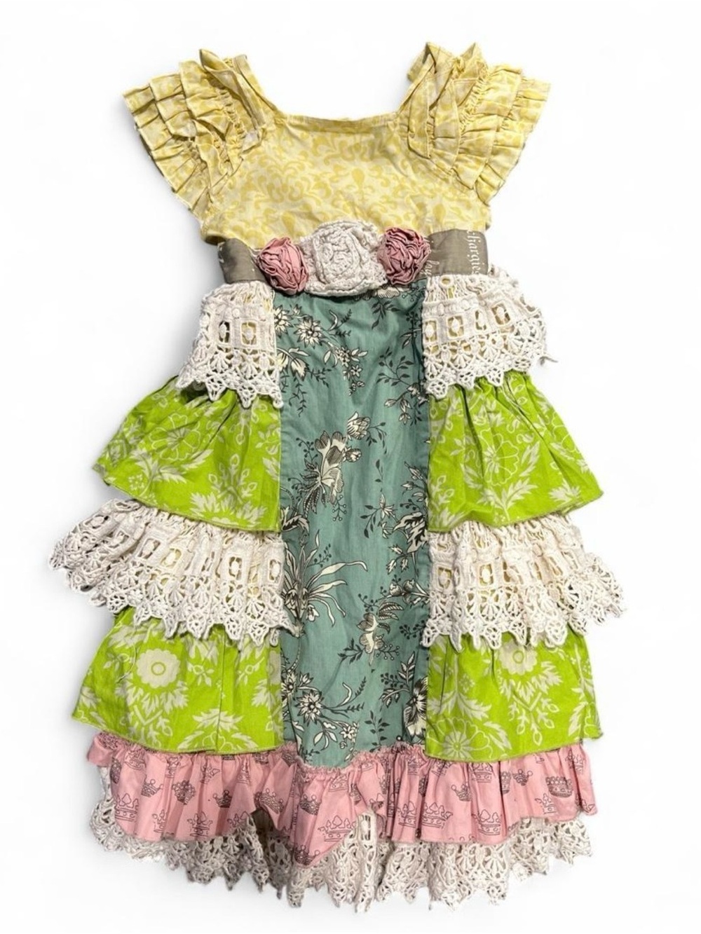 Mustard Pie Yellow Green Teal Pink Lace Ruffled Formal Dress